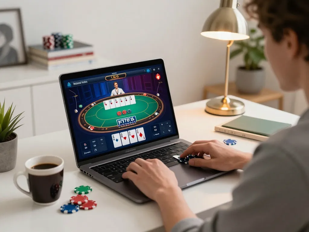 Usbet user engaged in strategic online poker gameplay at home, showcasing vibrant interface and comfortable setup