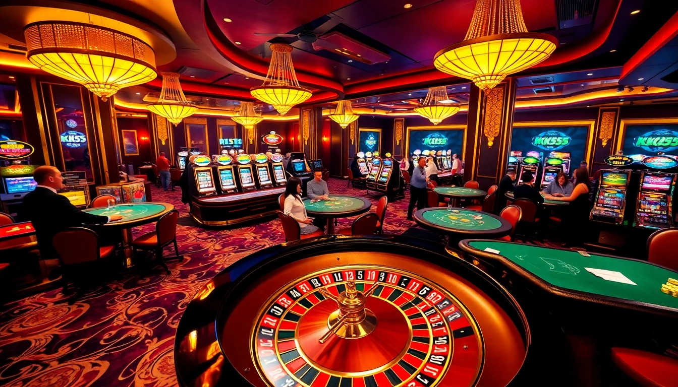 Players enjoying KK55 casino games at illuminated tables, highlighting luxury and excitement.