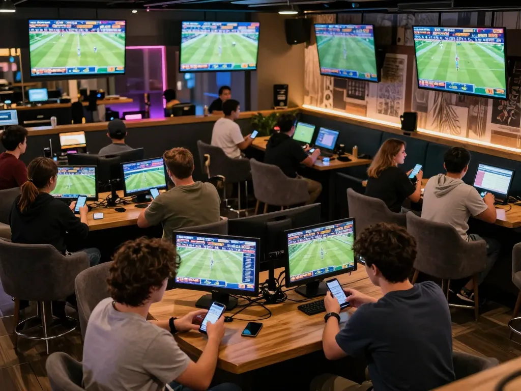 Engaging scene of enthusiastic bettors using keo nha cai 5 in a modern sports betting lounge filled with live match displays