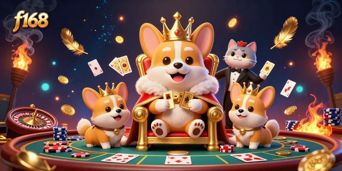 Engage in thrilling gameplay with f168 as a royal corgi oversees a lively casino scene.
