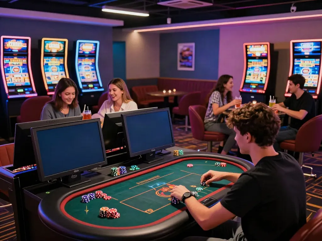 Engaging atmosphere of a non Gamstop casino with players enjoying various games in a modern lounge.