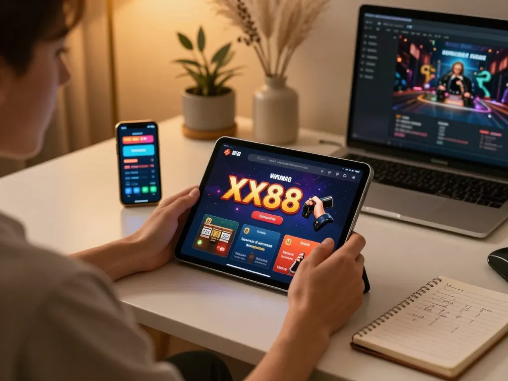 Engaging in online gaming on XX88 with a cozy setup, showcasing tablet, smartphone, and strategy notes.
