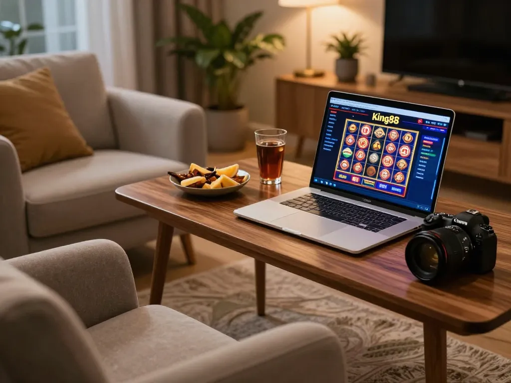 Engaging with king88 online casino from a cozy home setup, showcasing a laptop gaming interface