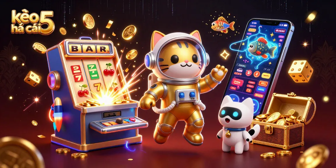 Engage with kèo nhà cái 5 as a playful astronaut cat wins big at the casino with flying slot symbols.