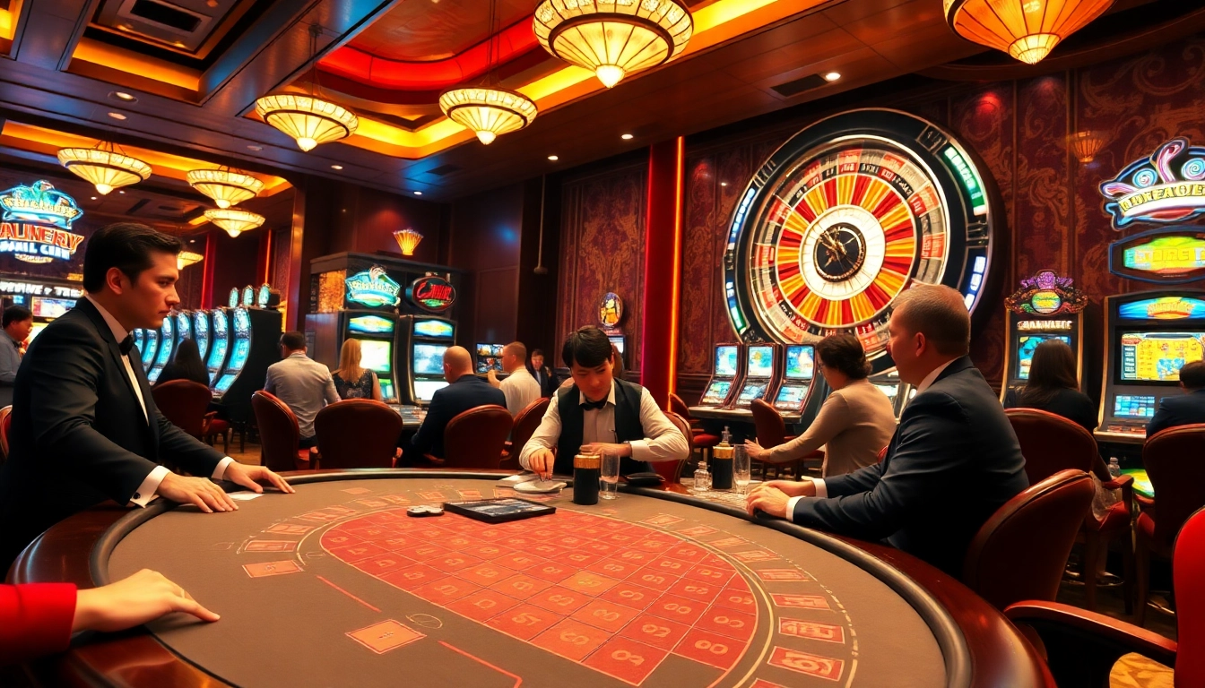 Engaging gamblers at a luxury MK8 casino table with vibrant roulette and slot machines.