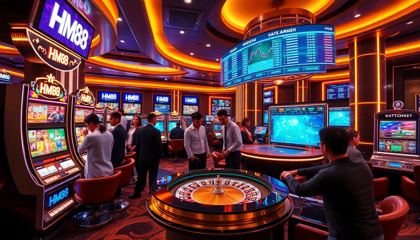 HM88 professional gamblers engaging with live dealer table and advanced slot machines