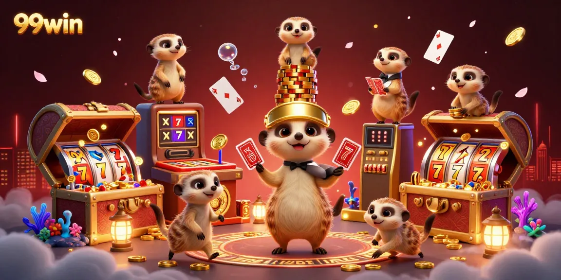 Engage in lively casino action at 99win with meerkats managing the fun and excitement of slots, treasures, and chips.