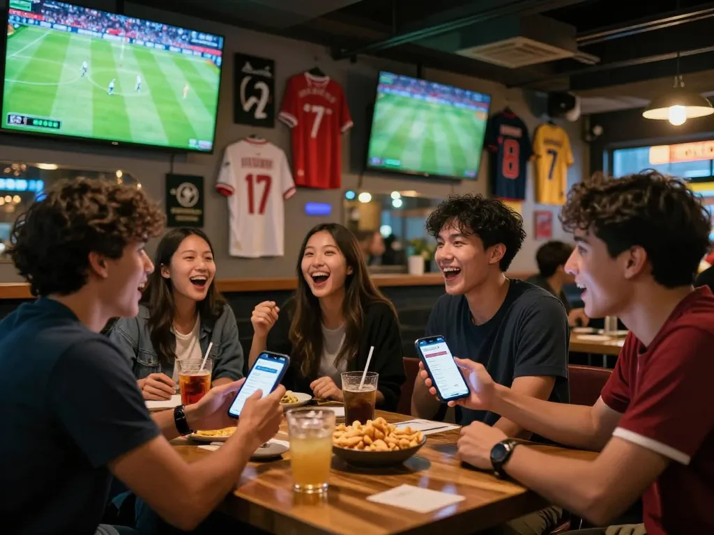 Group of friends excitedly discussing tỷ lệ kèo bóng đá while watching a match in a vibrant sports bar setting.