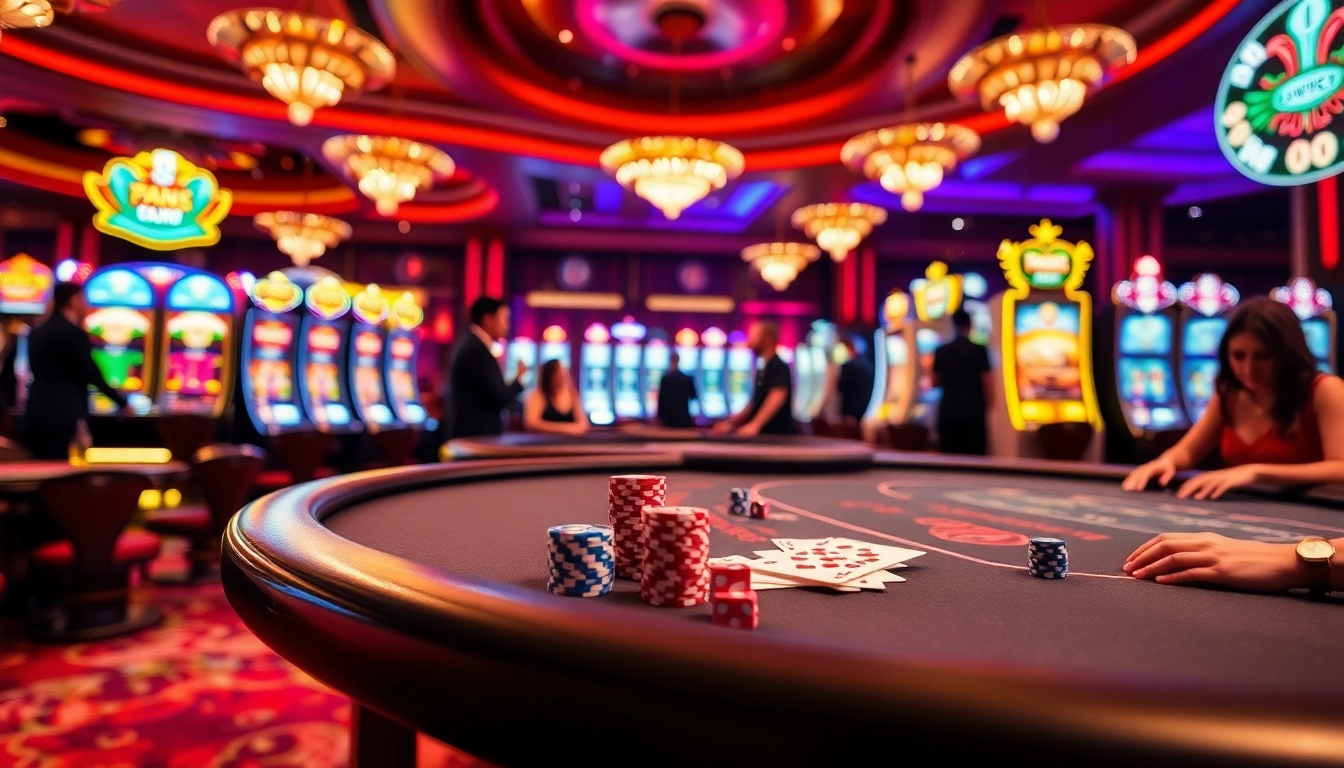 Engaging players at 789club experiencing thrilling moments at a vibrant casino with poker tables and slot machines.