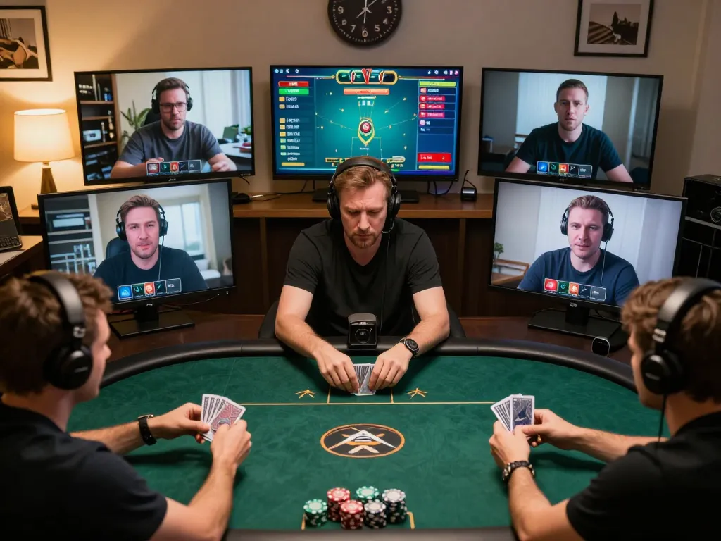 Players engaging in strategic online poker at Net88, surrounded by dynamic game interfaces and warm lighting.