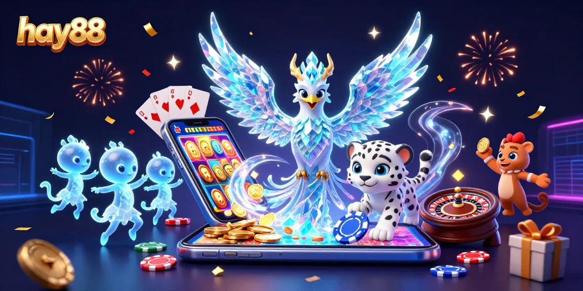 Experience the excitement of hay88 with a vibrant scene featuring a mystical 3D phoenix, poker elements, and dynamic casino visuals.