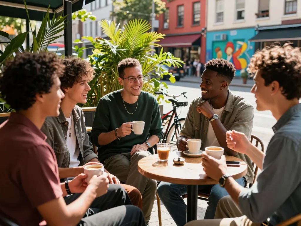 Men's group sharing stories over coffee at a trendy café, reflecting community spirit and manclub.