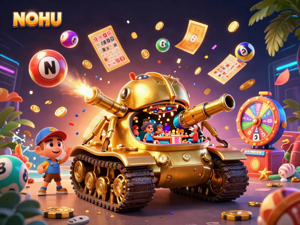 Experience the thrilling gameplay at NOHU with a massive golden beetle tank casino, bursting with excitement and colorful elements.