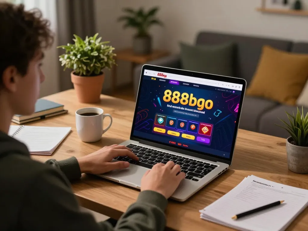 Engaging in online gaming on 888bgo with a laptop showcasing vibrant casino themes