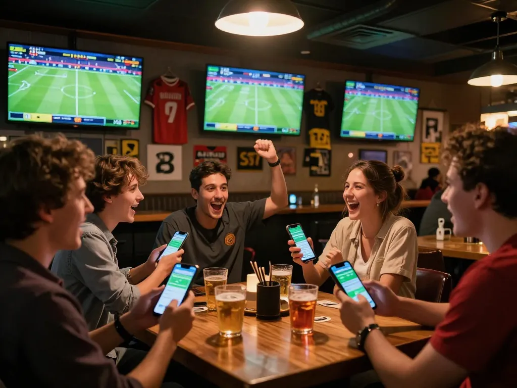 Tỷ lệ kèo nhà cái hôm nay displayed on smartphones at a lively sports bar, friends cheering during a game.