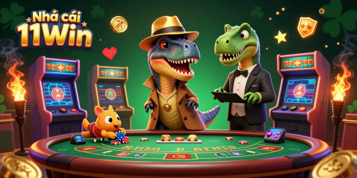 Engage with Nhà cái 11Win in this vibrant 3D illustration of casino dynamics featuring cartoon characters.