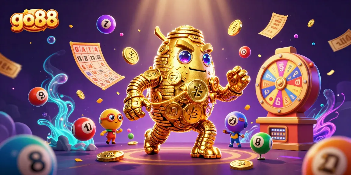 Experience go88's exciting gaming features through this vibrant 3D illustration of a golden golem amidst animated lottery elements.