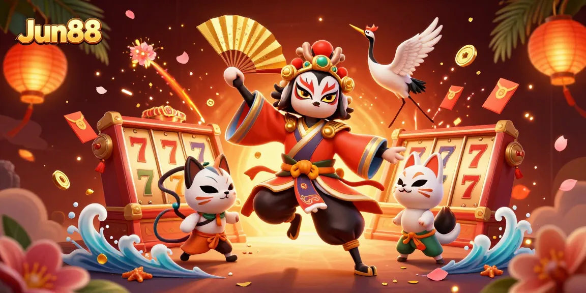 Experience the thrill of Jun88 with a dynamic casino illustration featuring vibrant elements and iconic characters.