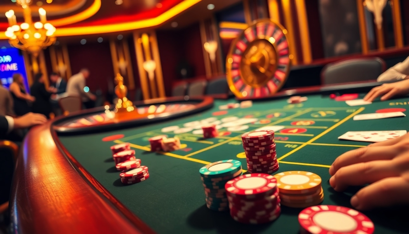 Players enjoying a thrilling game at MM88’s blackjack table, surrounded by glamorous casino elements.