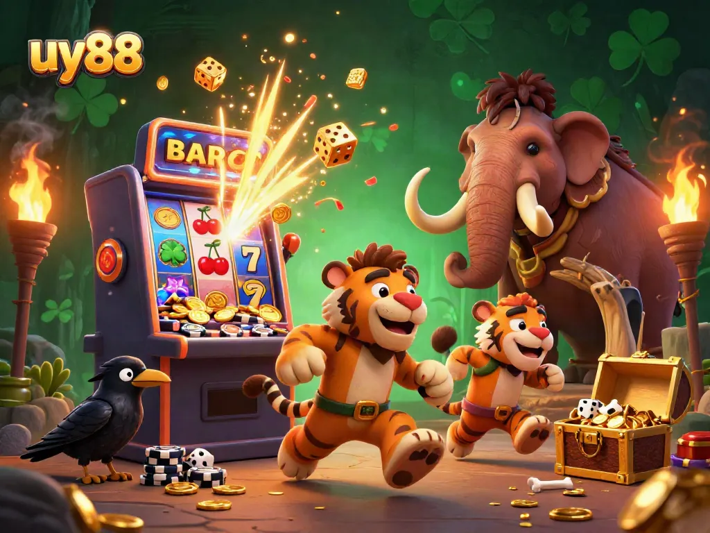 Experience the excitement of the uy88 casino with caveman and sabertooth characters in a vibrant gaming scene.