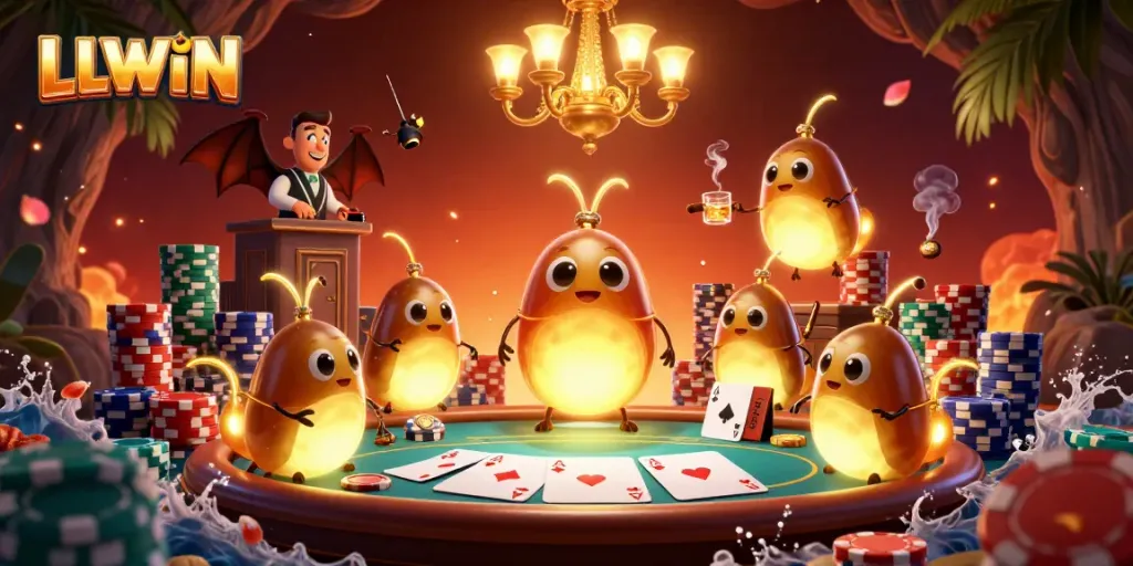 Experience thrilling gaming excitement with LLWIN's vivid cave casino featuring glowworms and a poker table.