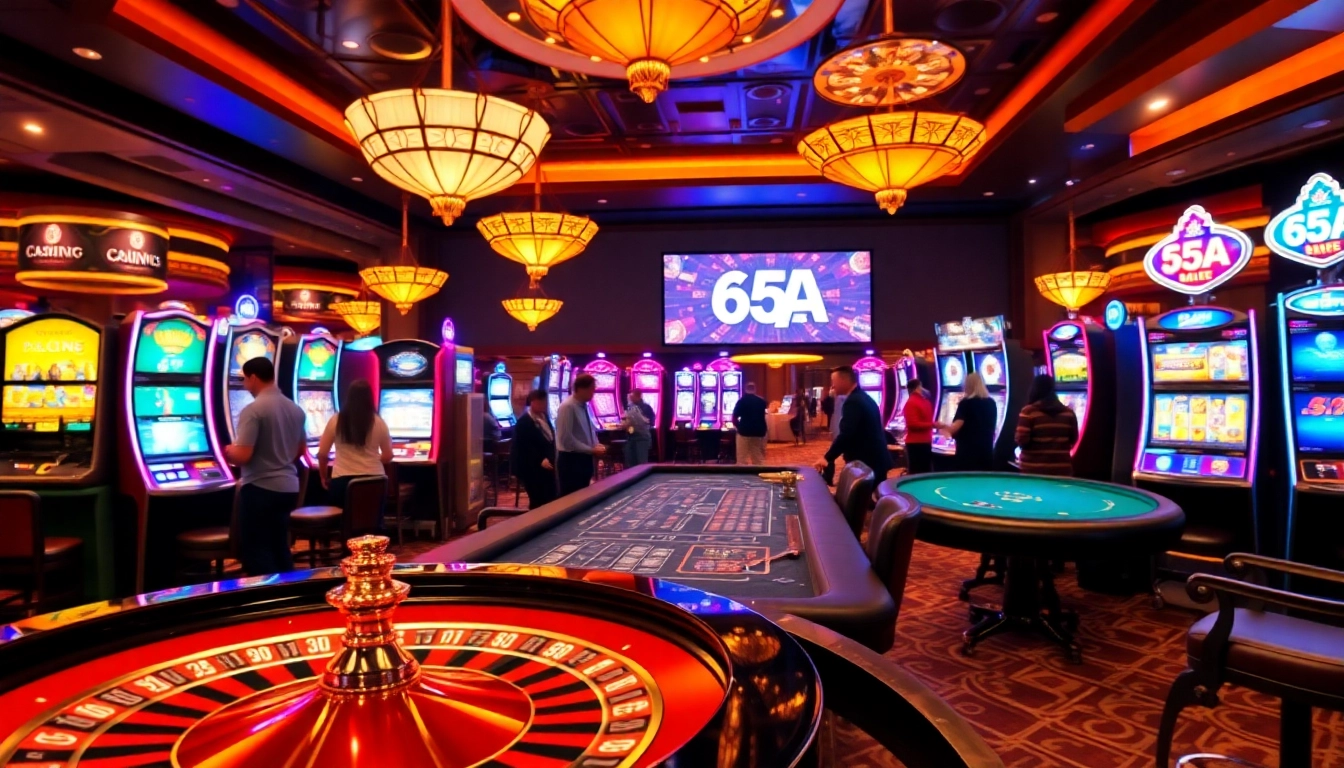 A lively casino scene featuring 65A branding with players enjoying roulette and slots.