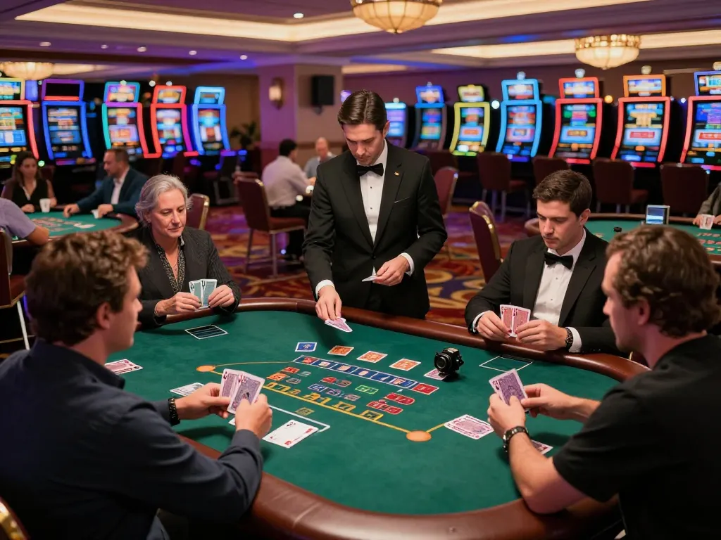 TR88 blackjack table with intense players placing strategic bets, vibrant casino atmosphere