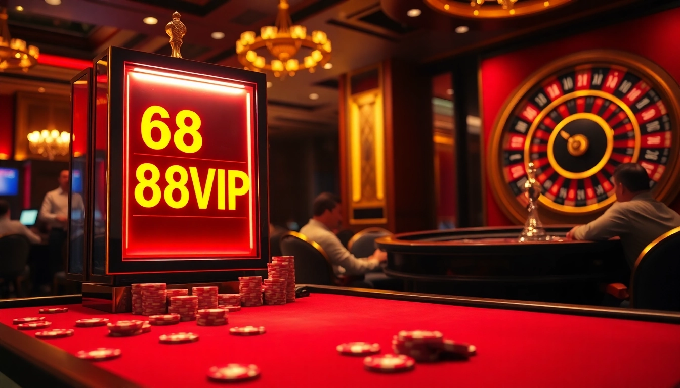 Exciting gaming experience at 68VIP casino with vibrant poker table and slot machines.