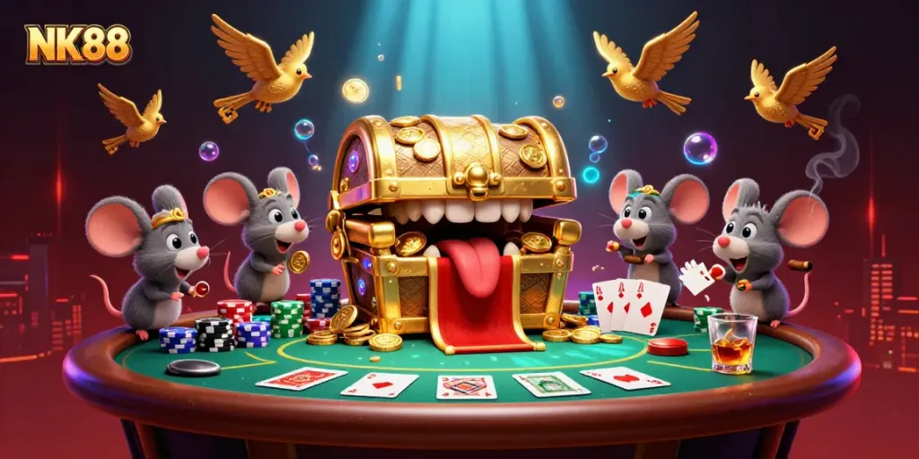 Engage with NK88's rich casino scene showcasing vibrant poker elements and treasures.