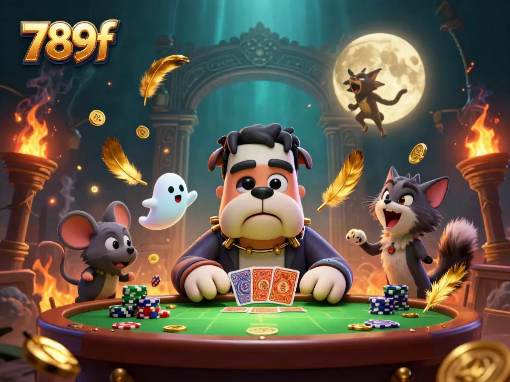 Engage in thrilling games at 789f, where a playful bulldog deals cards amidst a spooky atmosphere.