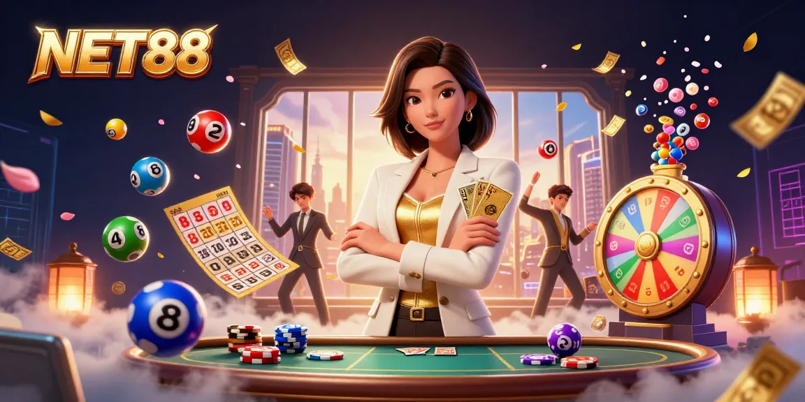 Engage with NET88 through a vibrant casino scene showcasing exciting games and energy.