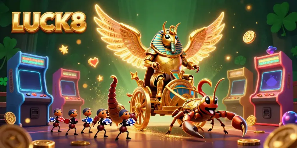 Engage with the exhilarating atmosphere of LUCK8 casino, featuring a golden scarab beetle amid vibrant game elements.