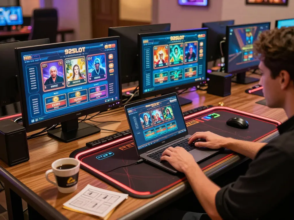 Engaged player at 92SLOT online casino utilizing laptop for strategic gambling.