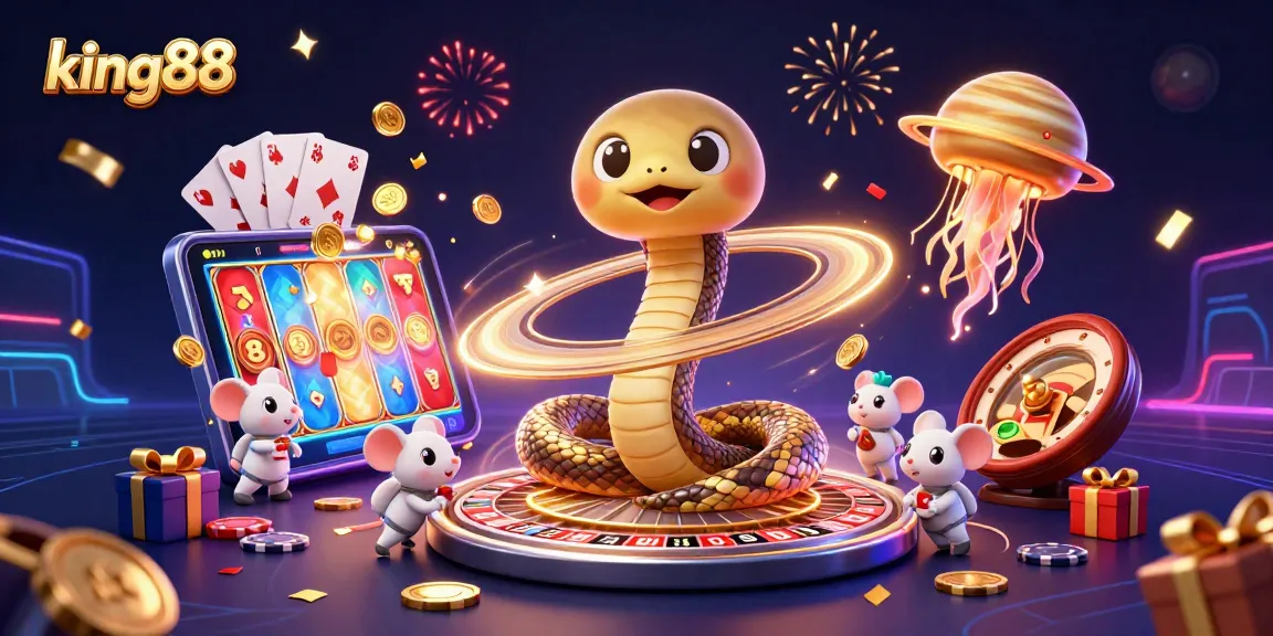 Engage with king88's vibrant gaming action featuring a cosmic roulette scene full of playful elements.