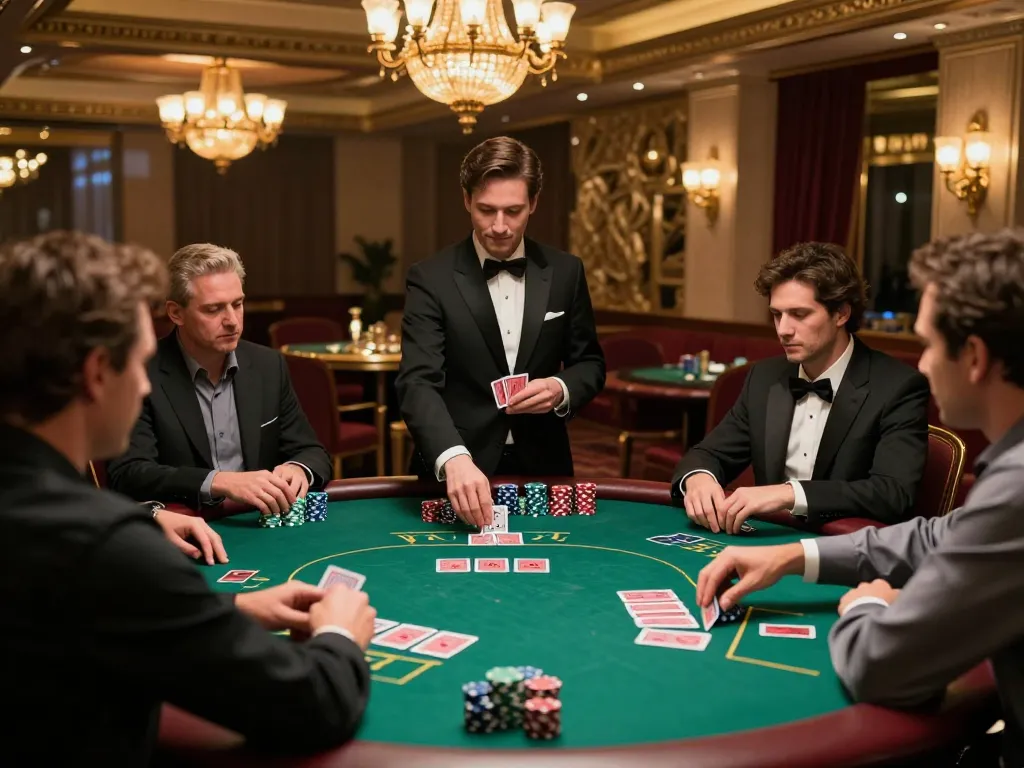 Players engaged in an exciting game of poker at 8day casino, showcasing vibrant chips and dealer action.