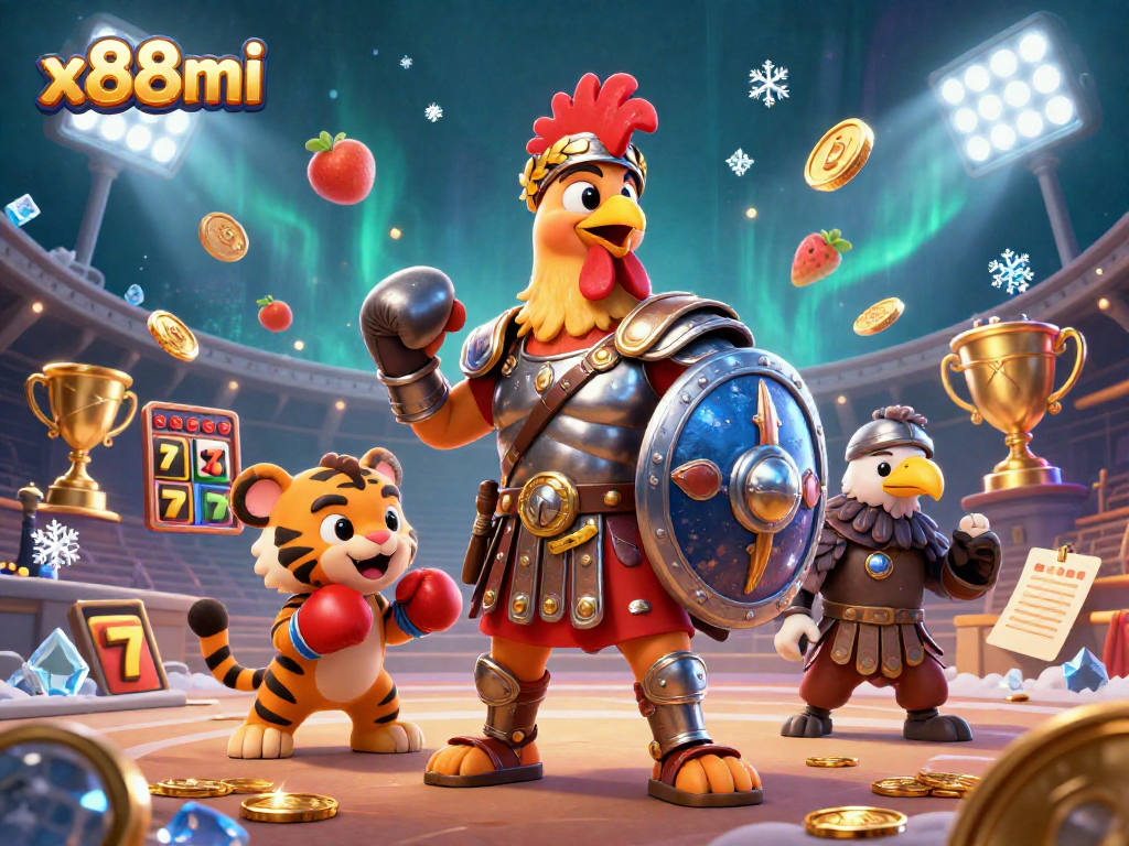 x88mi represents winning spins with colorful slot reels, a gladiator rooster, and dynamic gaming elements.