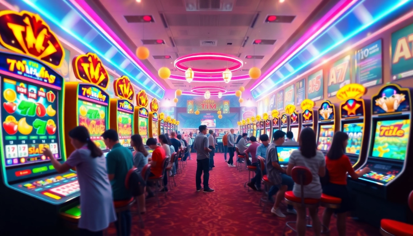Engaging scene showcasing tải game rikvip with vibrant slots, card games, and enthusiastic players.
