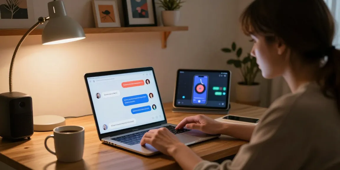 Intimate interaction with sex chat AI on a laptop in a modern apartment setting, showcasing playful conversation.