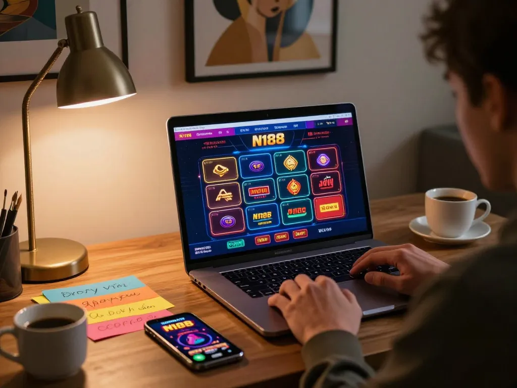 N188 online casino gameplay on a stylish laptop from home office with vibrant graphics.