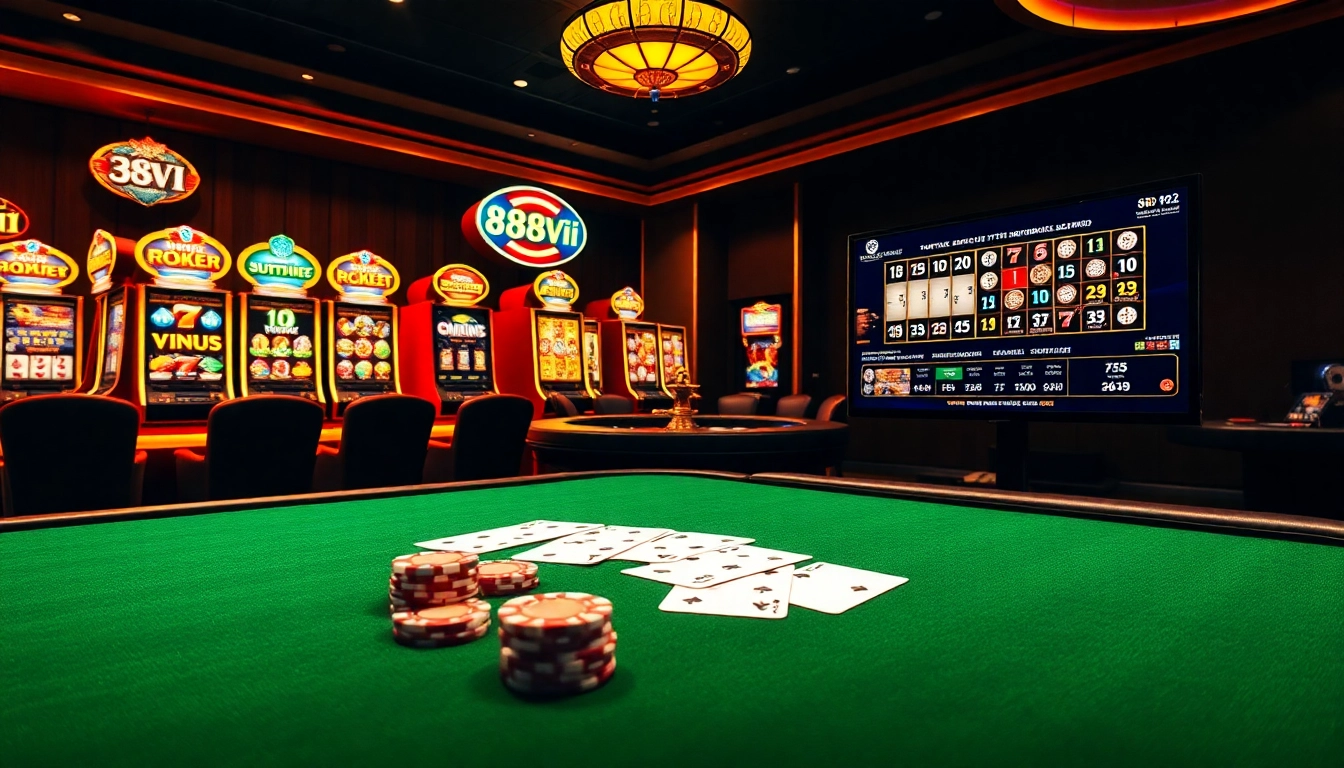 Engaging action at 888VI's online casino featuring poker chips and a roulette wheel.