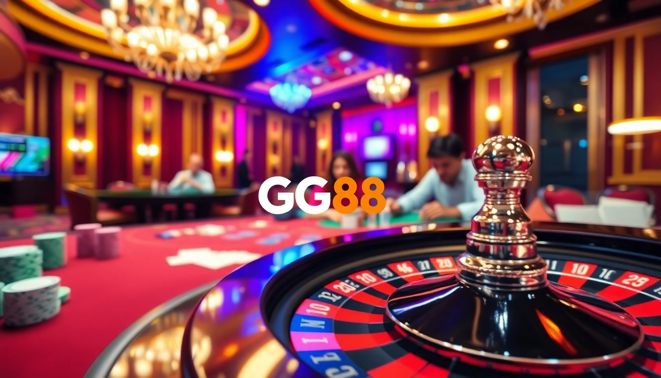 Experience thrilling gambling action at GG88's luxurious casino tables with vibrant gaming elements.