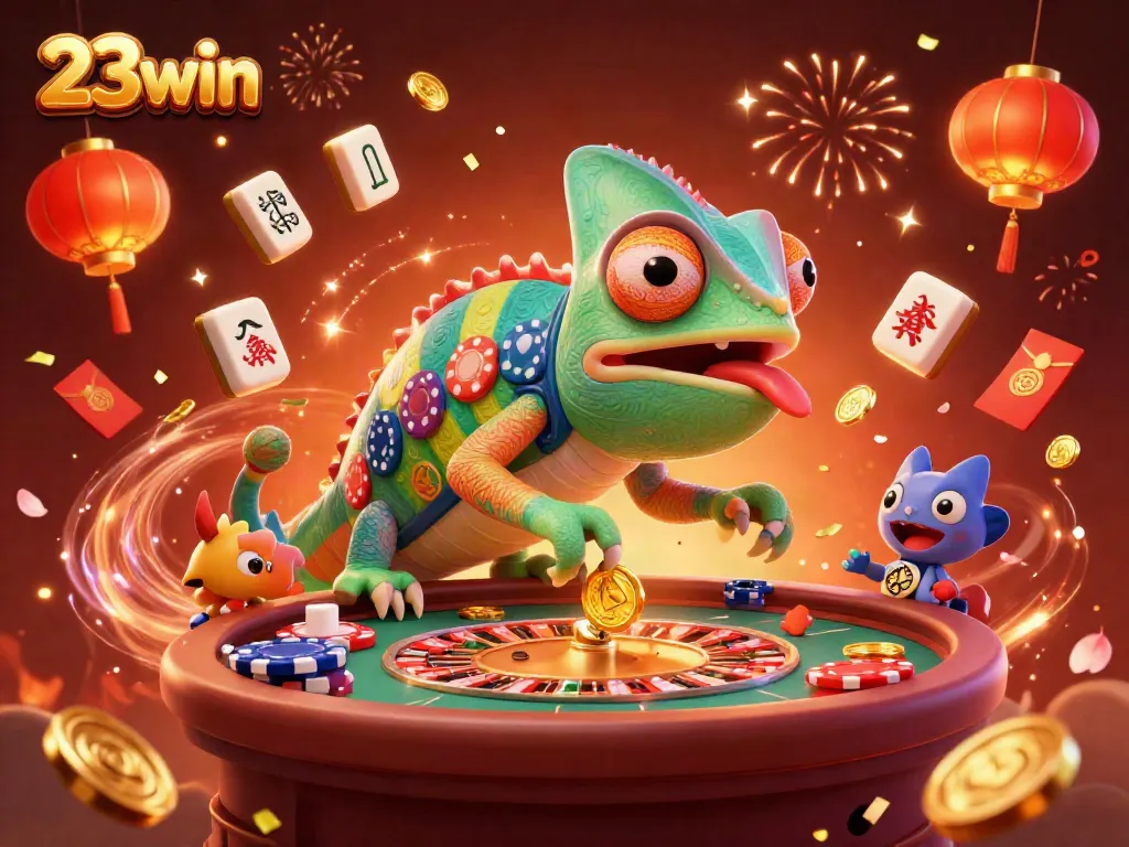 Experience the vibrant 23win casino scene with a colorful chameleon owner and dynamic gaming elements.