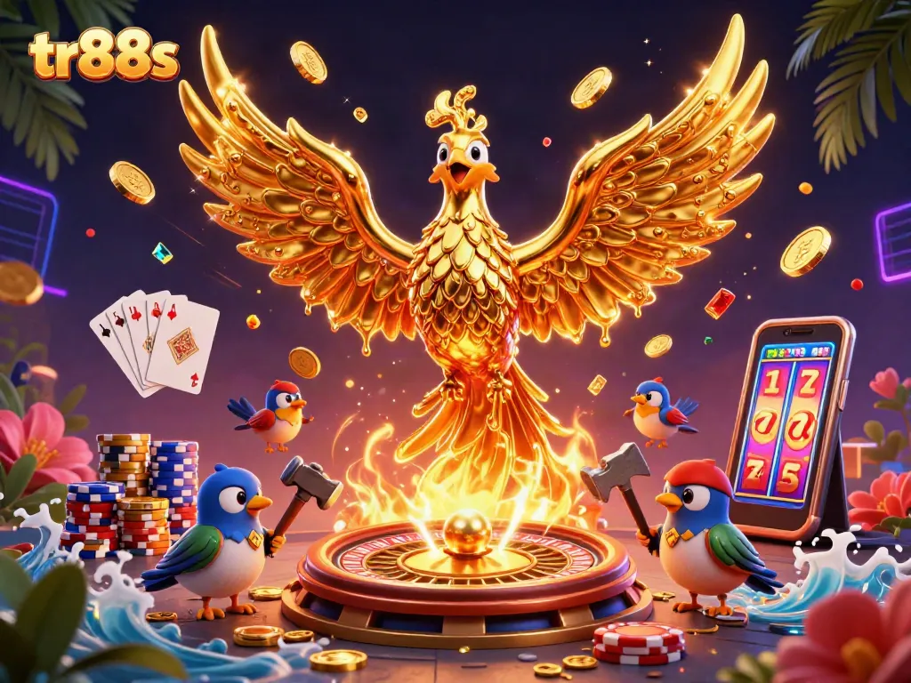 Spin and win at tr88s, featuring a molten phoenix, coins, and vibrant casino elements.