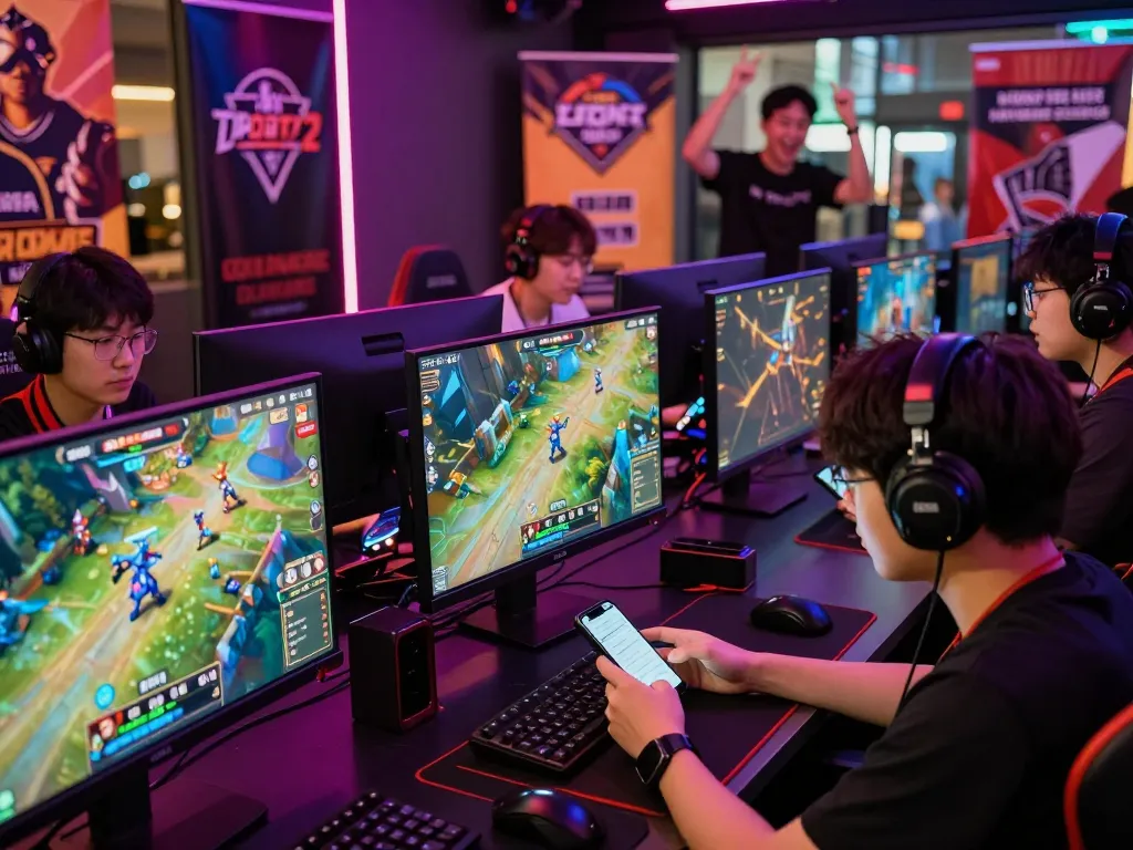 Gamers engaged in esports betting in Singapore, vibrant atmosphere highlighting Dota 2 and League of Legends games.