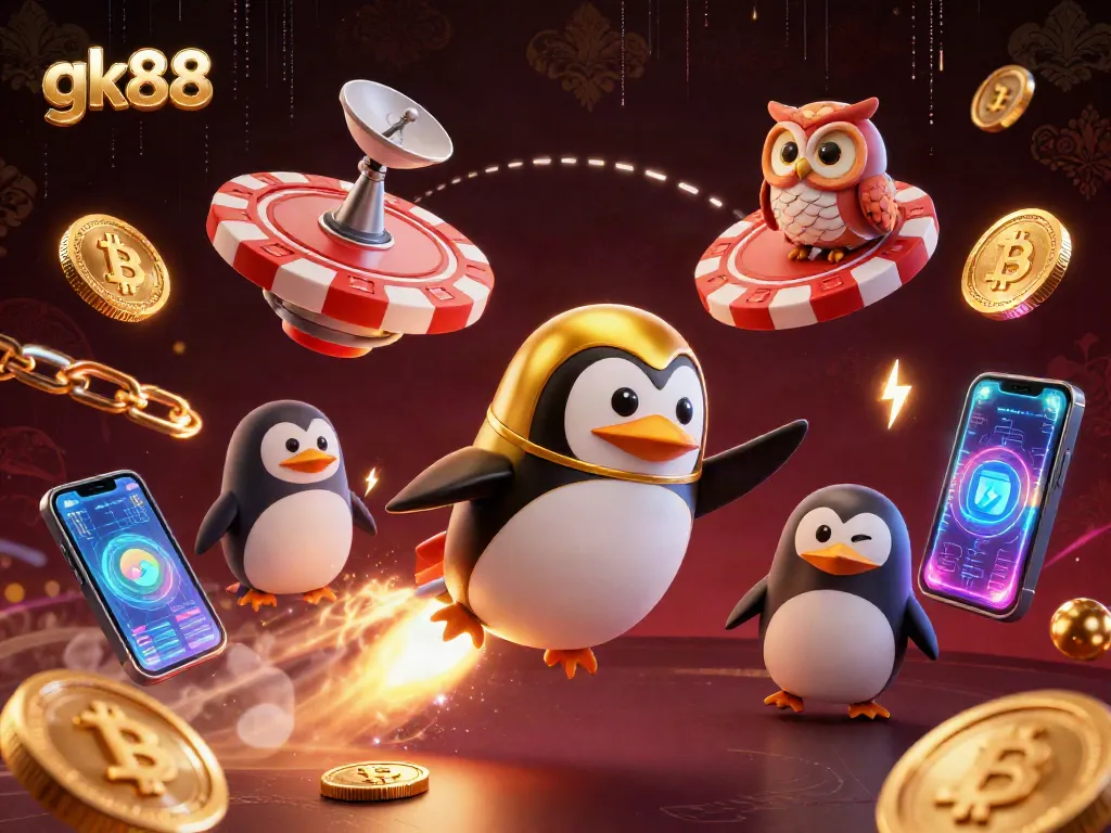 Play with excitement at gk88, featuring a golden penguin launching toward a casino space station amidst floating crypto coins.