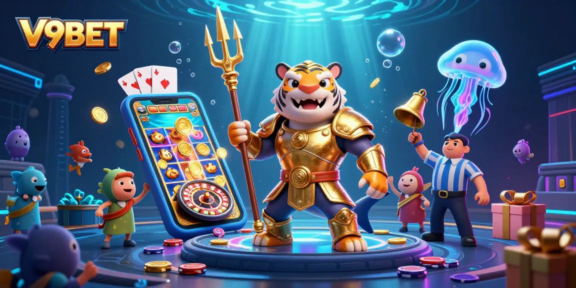 Experience thrilling slots at V9BET with golden gladiator shark and exciting game elements.