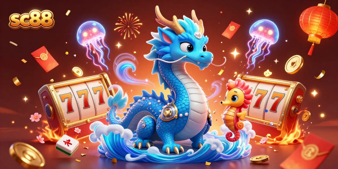 Engage with sc88 at the vibrant online casino featuring a majestic azure dragon and slot reels.