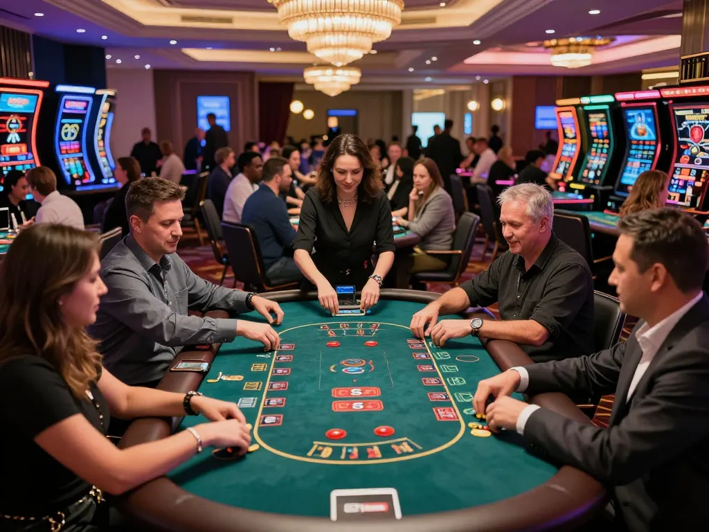Players enjoying dynamic action at f8betz casino tables amidst vibrant lights and décor.