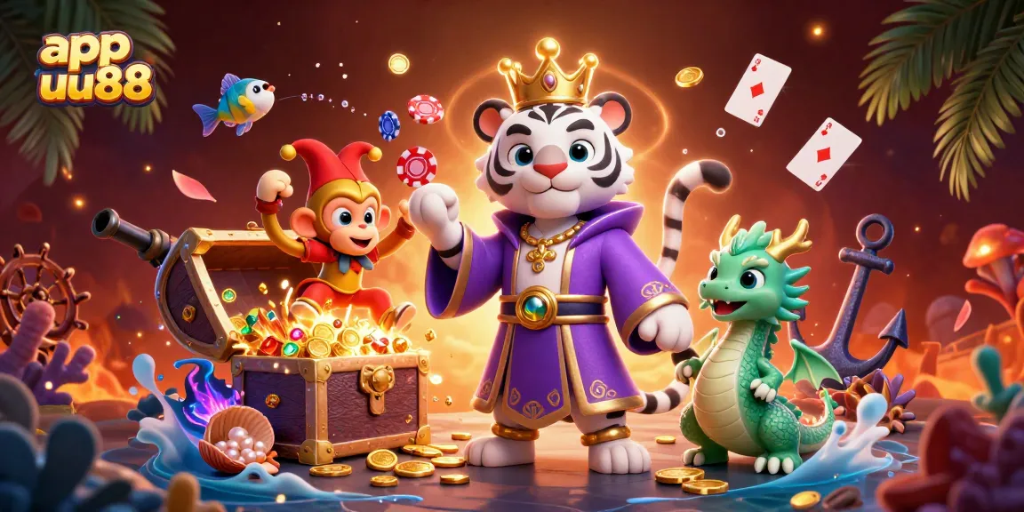 Engage in thrilling gameplay with app uu88, featuring animated tiger, monkey, and dragon in a vibrant casino scene.