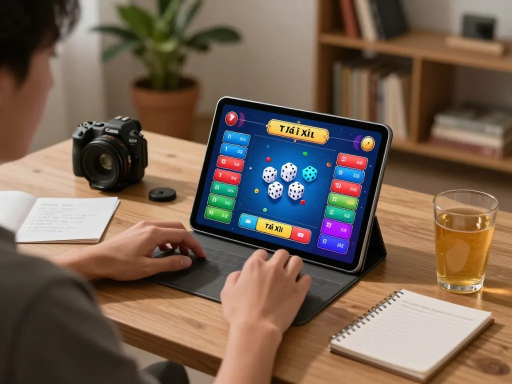 Engaging scene of a player using a tablet to tải game tài xỉu at home, highlighting strategic gaming elements.